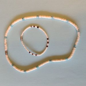 Lovely white with baby blue accents necklace and white w brown accents bracelet